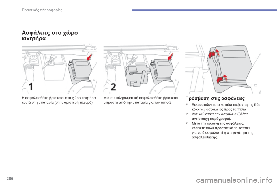 CITROEN C4 SPACETOURER 2015  ΟΔΗΓΌΣ ΧΡΉΣΗΣ (in Greek) 286
C4-Picasso-II_el_Chap07_info-pratiques_ed01-2014
Ασφάλειες στο χώρο 
κινητήρα
Μια συμπληρωματική ασφαλειοθήκη βρίσκεται 
μπροστ