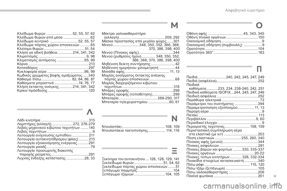 CITROEN C4 SPACETOURER 2015  ΟΔΗΓΌΣ ΧΡΉΣΗΣ (in Greek) 417
C4-Picasso-II_el_Chap11_index-alpha_ed01-2014
Μάκτρα υαλοκαθαριστήρα  (αλλαγή) ............................................. 2 09, 292
Μάσκα προστασίας α