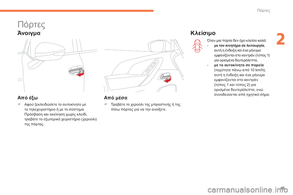 CITROEN C4 SPACETOURER 2015  ΟΔΗΓΌΣ ΧΡΉΣΗΣ (in Greek) 63
C4-Picasso-II_el_Chap02_ouvertures_ed01-2014
Πόρτες
Άνοιγμα
Από έξω
F Αφού ξεκ λειδώσετε το αυτοκίνητο με το τηλεχειριστήριο ή μ