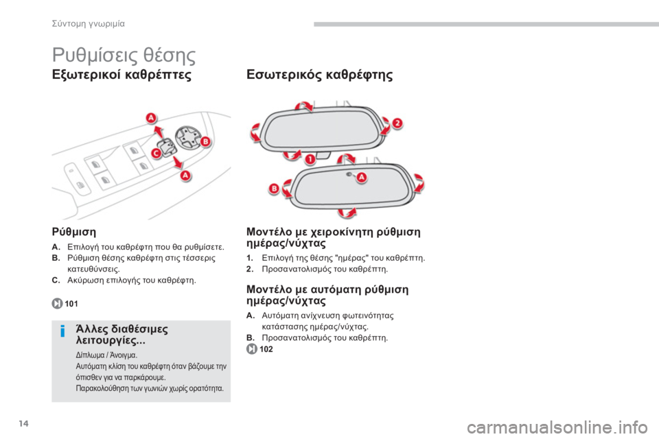CITROEN C4 SPACETOURER 2014  ΟΔΗΓΌΣ ΧΡΉΣΗΣ (in Greek) 14
Σύντομη γνωριμία
 
Ρυθμίσεις θέσης 
 
 
Εσωτερικός καθρέφτης 
 
 
Μοντέλο με χειροκίνητη ρύθμισηημέρας/νύχτας
