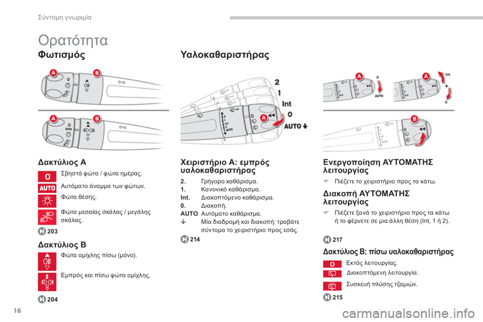 CITROEN C4 SPACETOURER 2014  ΟΔΗΓΌΣ ΧΡΉΣΗΣ (in Greek) 16
Σύντομη γνωριμία
 
Ορατότητα 
Φωτισμός
Δακτύλιος A 
Δακτύλιος B 
 
Σβηστά φώτα / φώτα ημέρας. 
  Αυτόματο άναμμα 