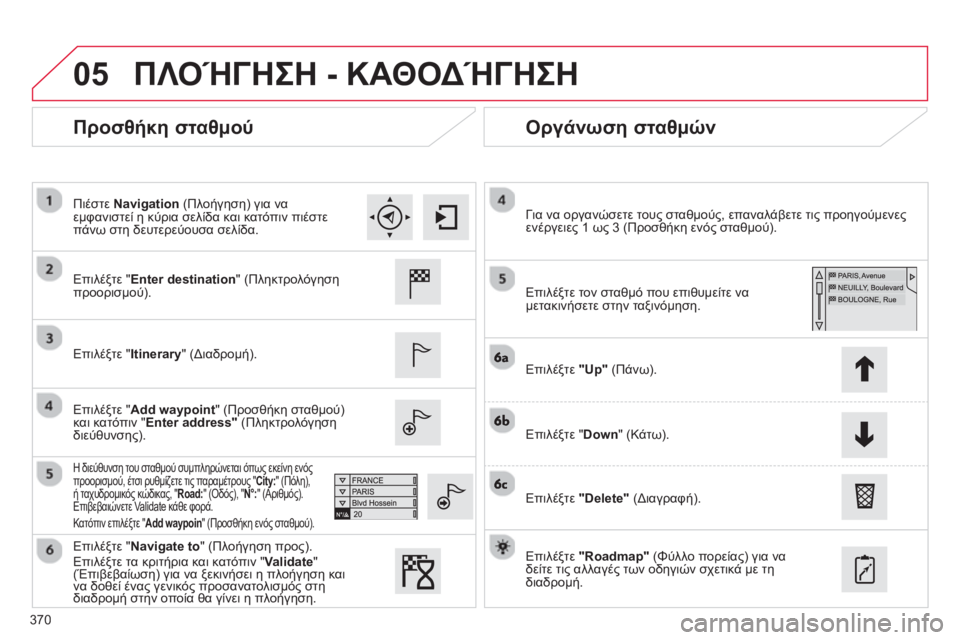 CITROEN C4 SPACETOURER 2014  ΟΔΗΓΌΣ ΧΡΉΣΗΣ (in Greek) 370
05
   
Προσθήκη σταθμού   
Οργάνωση σταθμών 
 
 
Επιλέξτε " Enter destination" (Πληκτρολόγηση προορισμού).
   
Επιλέ
ξτε "Itine