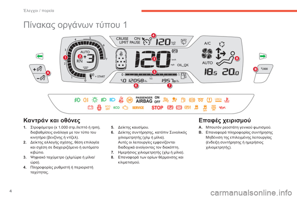 CITROEN C4 SPACETOURER 2014  ΟΔΗΓΌΣ ΧΡΉΣΗΣ (in Greek) 4
Έλεγχοι / πορεία
 
 
 
 
 
 
Πίνακας οργάνων τύπου 1 
 
 
 
 
1. 
 Στρ ο φ όμε τρ ο (x 1.000 στρ./λεπτό ή rpm), 
διαβαθμίσεις ανάλ