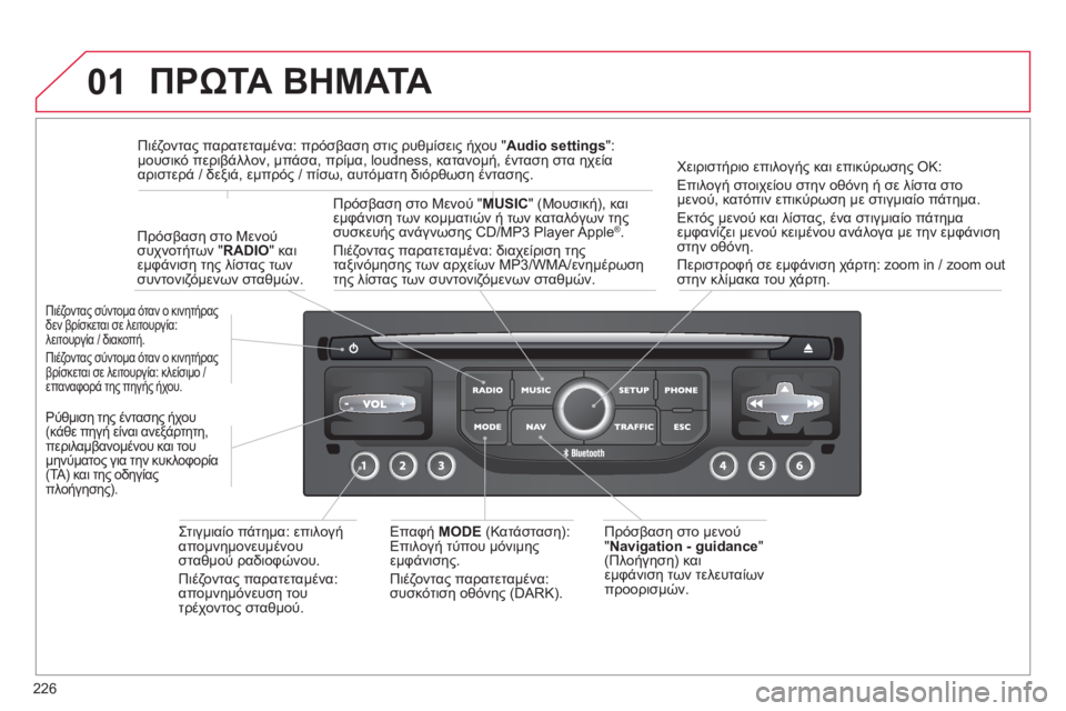 CITROEN C5 2014  ΟΔΗΓΌΣ ΧΡΉΣΗΣ (in Greek) 226
01  ΠΡΩΤΑ ΒΗΜΑΤΑ
 
 
Πρόσβαση στο μενού 
" Navigation - guidance"(Πλοήγηση) και εμφάνιση των τελευταίων προορισμών.
Πιέζο