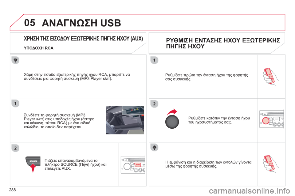 CITROEN C5 2014  ΟΔΗΓΌΣ ΧΡΉΣΗΣ (in Greek) 288
05
  Η εμφάνιση και η διαχείριση των εντολών γίνονται
μέσω της φορητής συσκευής. Ρυ
θμίζετε πρώτα την ένταση 