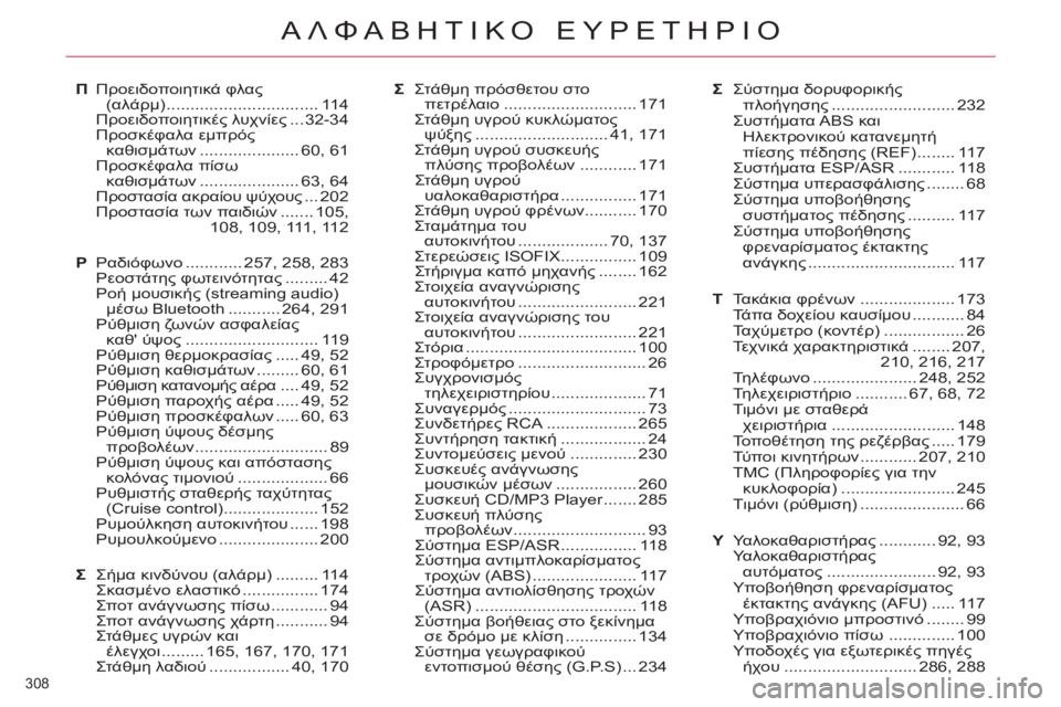 CITROEN C5 2014  ΟΔΗΓΌΣ ΧΡΉΣΗΣ (in Greek) 308 
ΑΛΦΑΒΗΤΙΚΟ ΕΥΡΕΤΗΡΙΟ
Π Προειδοποιητικά φλας 
(αλάρμ) ................................ 114
 Προειδοποιητικές λυχνίες ... 32-34
 