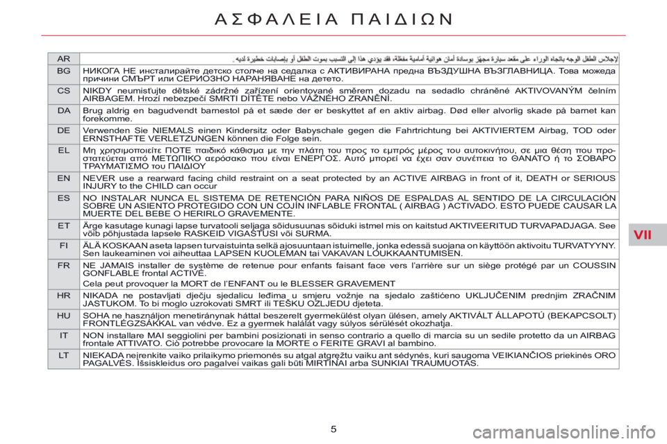 CITROEN C5 2014  ΟΔΗΓΌΣ ΧΡΉΣΗΣ (in Greek) VII
AR
BG НИКОГА  НЕ  инсталирайте  детско  столче  на  седалка  с  АКТИВИРАНА  предна  ВЪЗДУШНА  ВЪЗГЛАВНИЦА.  Това  