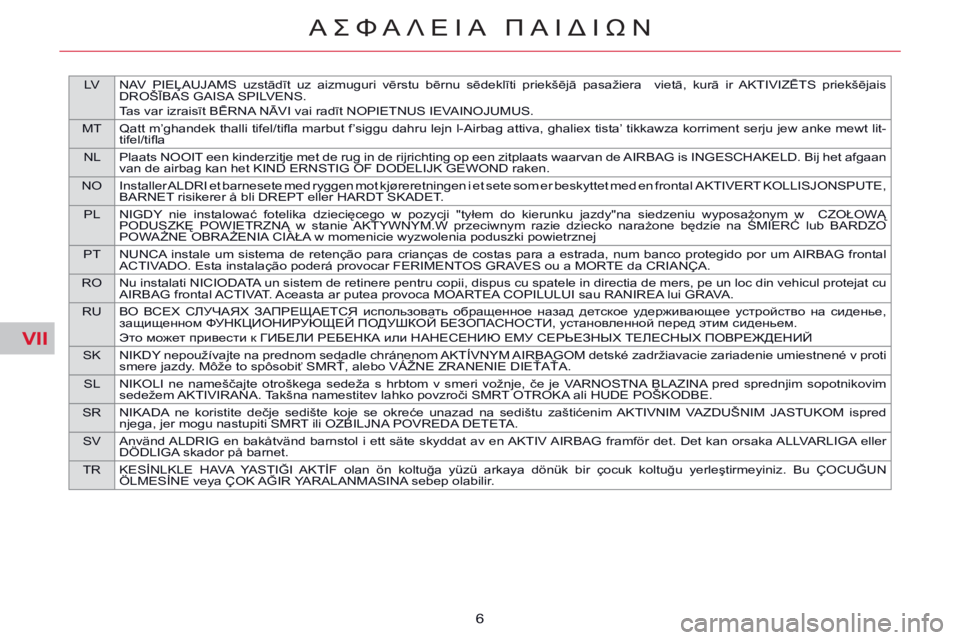 CITROEN C5 2014  ΟΔΗΓΌΣ ΧΡΉΣΗΣ (in Greek) VII
LVNAV  PIEĻAUJAMS  uzstādīt  uz  aizmuguri  vērstu  bērnu  sēdeklīti  priekšējā  pasažiera    vietā,  kurā  ir  AKTIVIZĒTS  priekšējais 
DROŠĪBAS GAISA SPILVENS.
Tas var izraisī