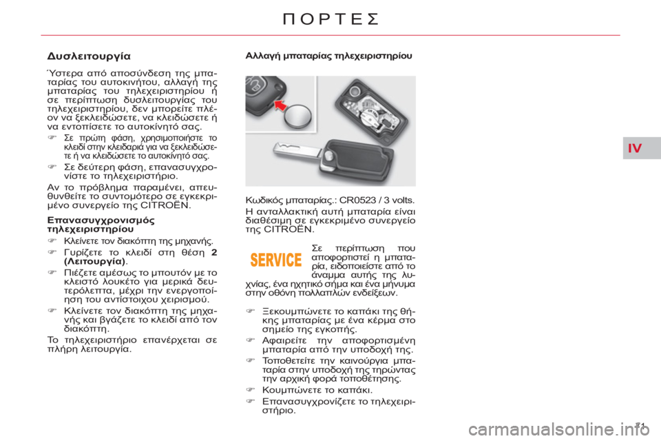 CITROEN C5 2014  ΟΔΗΓΌΣ ΧΡΉΣΗΣ (in Greek) IV
71 
ΠΟΡΤΕΣ
   
 
 
 
 
 
 
 
 
 
 
 
 
 
 
Δυσλειτουργία 
 
Ύστερα από αποσύνδεση της μπα-
ταρίας του αυτοκινήτου, αλλαγή τη