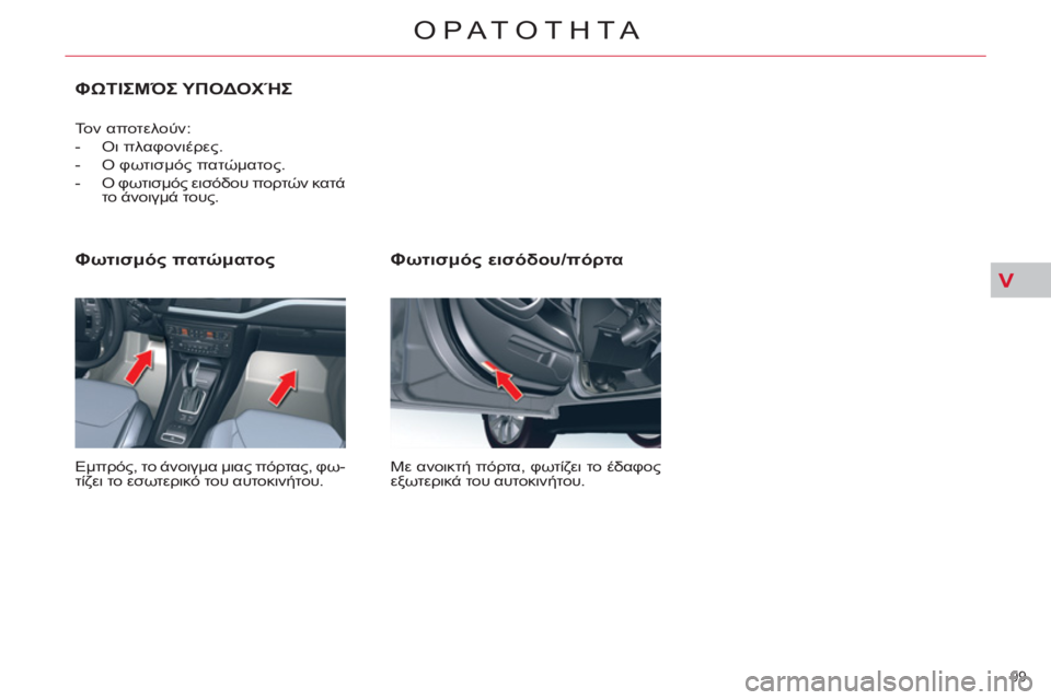 CITROEN C5 2012  ΟΔΗΓΌΣ ΧΡΉΣΗΣ (in Greek) V
99 
ΟΡΑΤΟΤΗΤΑ
   
Φωτισμός εισόδου/πόρτα 
 
Με ανοικτή πόρτα, φωτίζει το έδαφος 
εξωτερικά του αυτοκινήτου.  
 
 
Φ