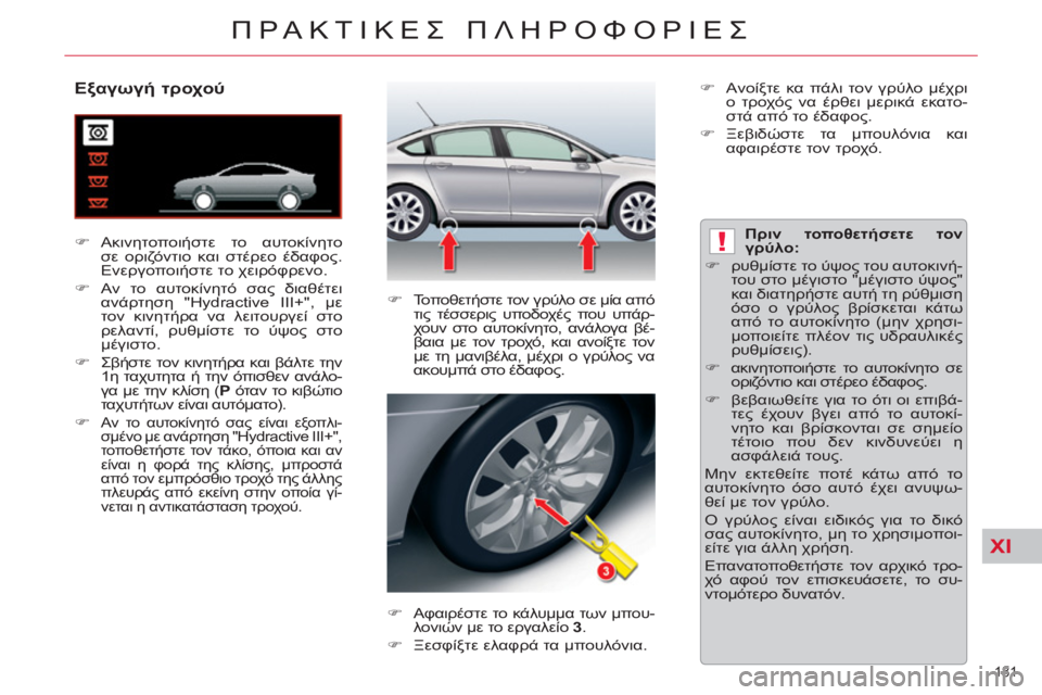 CITROEN C5 2012  ΟΔΗΓΌΣ ΧΡΉΣΗΣ (in Greek) XI
!
181 
ΠΡΑΚΤΙΚΕΣ ΠΛΗΡΟΦΟΡΙΕΣ
 
 
 
 
 
 
 
 
 
 
 
 
 
Εξαγωγή τροχού 
 
 
 
�) 
 Aκινητοποιήστε το αυτοκίνητο 
σε οριζόντιο κ