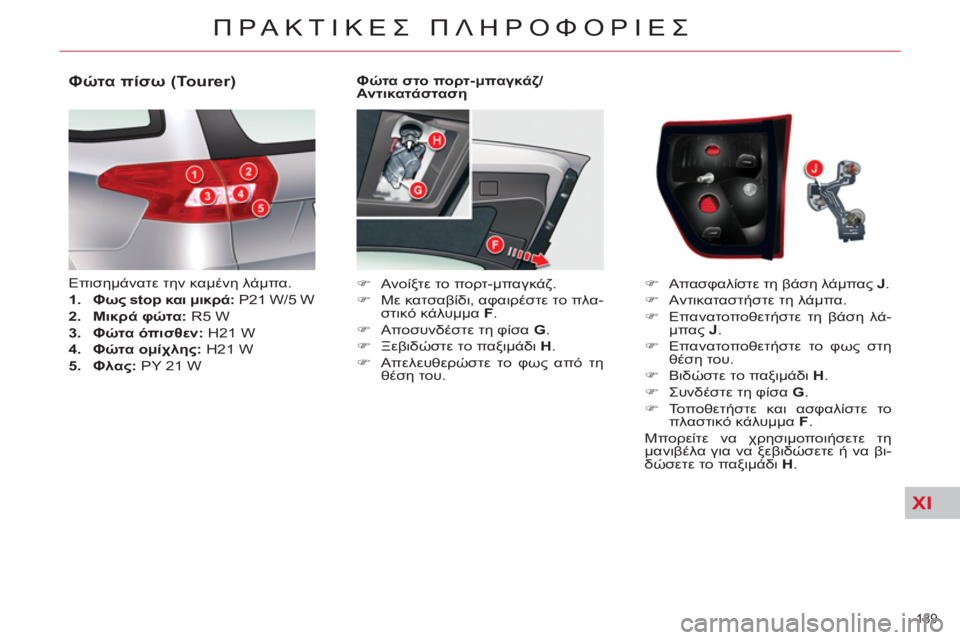CITROEN C5 2012  ΟΔΗΓΌΣ ΧΡΉΣΗΣ (in Greek) XI
189 
ΠΡΑΚΤΙΚΕΣ ΠΛΗΡΟΦΟΡΙΕΣ
 
 
Φώτα στο πορτ-μπαγκάζ/
Αντικατάσταση 
   
 
�) 
 Aνοίξτε το πορτ-μπαγκάζ. 
   
�) 
 Mε κατσ