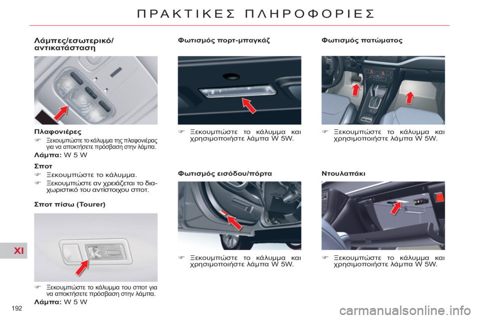 CITROEN C5 2012  ΟΔΗΓΌΣ ΧΡΉΣΗΣ (in Greek) XI
192 
ΠΡΑΚΤΙΚΕΣ ΠΛΗΡΟΦΟΡΙΕΣ
 
 
 
 
 
 
 
 
 
 
 
 
 
Λάμπες/εσωτερικό/
αντικατάσταση 
 
 
Πλαφονιέρες 
   
 
�) 
 
Ξεκουμπώστε 
