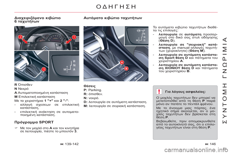 CITROEN C5 2012  ΟΔΗΓΌΣ ΧΡΉΣΗΣ (in Greek) !
21 
ΣΥΝΤΟΜΗ ΓΝΩΡΙΜΙΑ
 
 
Θέσεις 
 
   
P: 
 Parking. 
   
R: 
 όπισθεν. 
   
N: 
 νεκρό. 
   
D: 
 λειτουργία σε αυτόματη κατάσταση. 
  