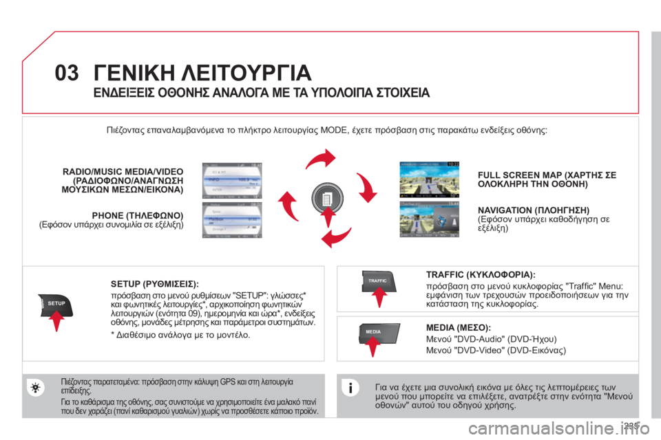 CITROEN C5 2012  ΟΔΗΓΌΣ ΧΡΉΣΗΣ (in Greek) 235
03
SETUP
TRAFFIC
MEDIA
ΓΕΝΙΚΗ ΛΕΙΤΟΥΡΓΙΑ 
 
 
Για να έχετε μια συνολική εικόνα με όλες τις λεπτομέρειες τωνμενού που μπ