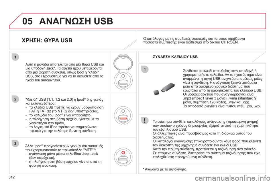 CITROEN C5 2012  ΟΔΗΓΌΣ ΧΡΉΣΗΣ (in Greek) 312
05
1
2
3
1
ΑΝΑΓΝΩΣΗ USB
 
 
Το σύστημα συνθέτει καταλόγους ανάγνωσης (προσωρινή μνήμη)2& οποίων ο χρόνος δημιουργ