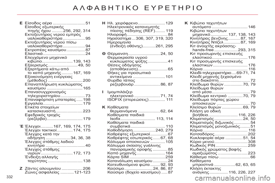 CITROEN C5 2012  ΟΔΗΓΌΣ ΧΡΉΣΗΣ (in Greek) 332 
ΑΛΦΑΒΗΤΙΚΟ ΕΥΡΕΤΗΡΙΟ
Ε Είσοδος αέρα .......................... 51
 Είσοδος εξωτερικής 
πηγής ήχου ......... 256, 292, 314
 Εκτοξευ