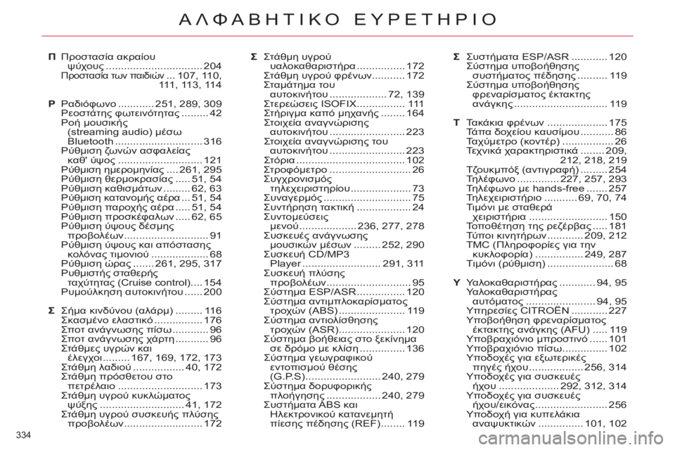 CITROEN C5 2012  ΟΔΗΓΌΣ ΧΡΉΣΗΣ (in Greek) 334 
ΑΛΦΑΒΗΤΙΚΟ ΕΥΡΕΤΗΡΙΟ
Π Προστασία ακραίου 
ψύχους ................................ 204
 
Προστασία των παιδιών ... 107,  110, 
111 ,  1