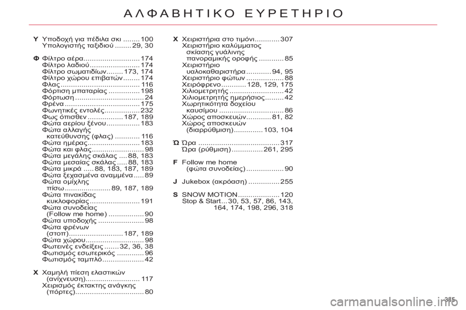 CITROEN C5 2012  ΟΔΗΓΌΣ ΧΡΉΣΗΣ (in Greek) 335 
ΑΛΦΑΒΗΤΙΚΟ ΕΥΡΕΤΗΡΙΟ
Υ Υποδοχή για πέδιλα σκι ........ 100
 Υπολογιστής ταξιδιού ........ 29,  30
Φ Φίλτρο αέρα...............