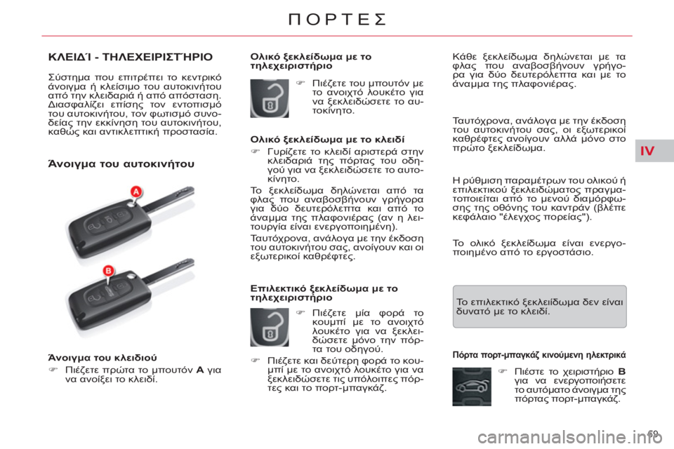 CITROEN C5 2012 ΟΔΗΓΌΣ ΧΡΉΣΗΣ (in Greek) IV
69
ΠΟΡΤΕΣ
ΚΛΕΙΔΊ - ΤΗΛΕΧΕΙΡΙΣΤΉΡΙΟ
Σύστημα που επιτρέπει το κεντρικό
άνοιγμα ή κλείσιμο του αυτοκινήτου
α CITROEN C5 2012 ΟΔΗΓΌΣ ΧΡΉΣΗΣ (in Greek) IV
69
ΠΟΡΤΕΣ
ΚΛΕΙΔΊ - ΤΗΛΕΧΕΙΡΙΣΤΉΡΙΟ
Σύστημα που επιτρέπει το κεντρικό
άνοιγμα ή κλείσιμο του αυτοκινήτου
α