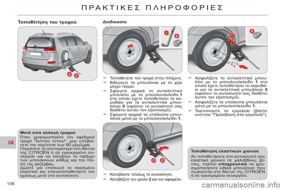 CITROEN C-CROSSER 2012 ΟΔΗΓΌΣ ΧΡΉΣΗΣ (in Greek) IX
ΠΡΑΚΤΙΚΕΣ ΠΛΗΡΟΦΟΡΙΕΣ
136
Μετά από αλλαγή τροχού
Όταν χρησιμοποιείτε τον εφεδρικό
τροχό "λεπτού τύπου", CITROEN C-CROSSER 2012 ΟΔΗΓΌΣ ΧΡΉΣΗΣ (in Greek) IX
ΠΡΑΚΤΙΚΕΣ ΠΛΗΡΟΦΟΡΙΕΣ
136
Μετά από αλλαγή τροχού
Όταν χρησιμοποιείτε τον εφεδρικό
τροχό "λεπτού τύπου",