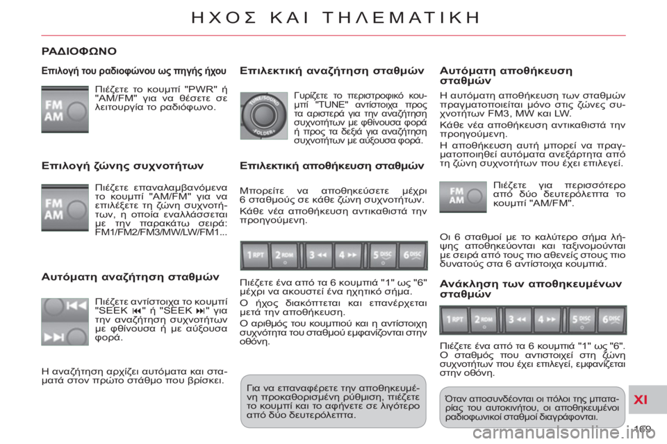 CITROEN C-CROSSER 2012 ΟΔΗΓΌΣ ΧΡΉΣΗΣ (in Greek) XI
169
ΗΧΟΣ ΚΑΙ ΤΗΛΕΜΑΤΙΚΗ
ΡΑΔΙΟΦΩΝΟ
Επιλογή του ραδιοφώνου ως πηγής ήχου
Πιέζετε το κουμπί "PWR" ή
"AM/FM" για ν CITROEN C-CROSSER 2012 ΟΔΗΓΌΣ ΧΡΉΣΗΣ (in Greek) XI
169
ΗΧΟΣ ΚΑΙ ΤΗΛΕΜΑΤΙΚΗ
ΡΑΔΙΟΦΩΝΟ
Επιλογή του ραδιοφώνου ως πηγής ήχου
Πιέζετε το κουμπί "PWR" ή
"AM/FM" για ν