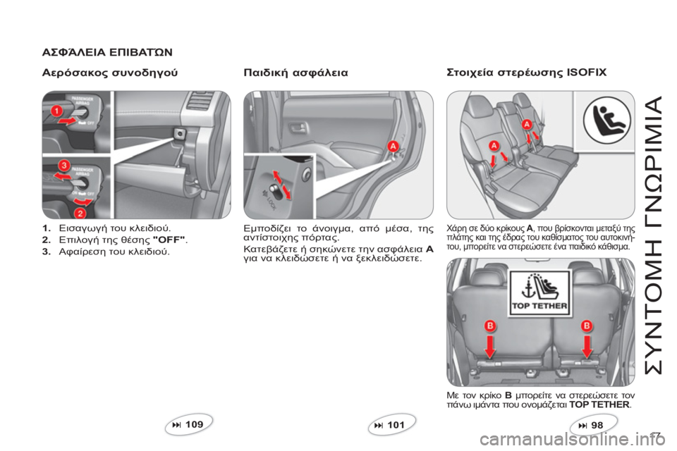 CITROEN C-CROSSER 2012  ΟΔΗΓΌΣ ΧΡΉΣΗΣ (in Greek) 17 
ΣΥΝΤ
Ο
ΜΗ ΓΝΩΡΙΜΙΑ
 
 
ΑΣΦΆΛΕΙΑ ΕΠΙΒΑΤΏΝ 
 
   
Αερόσακο
ς συνοδηγού Παιδική ασφάλεια 
1. 
 Εισαγωγή του κλειδιού