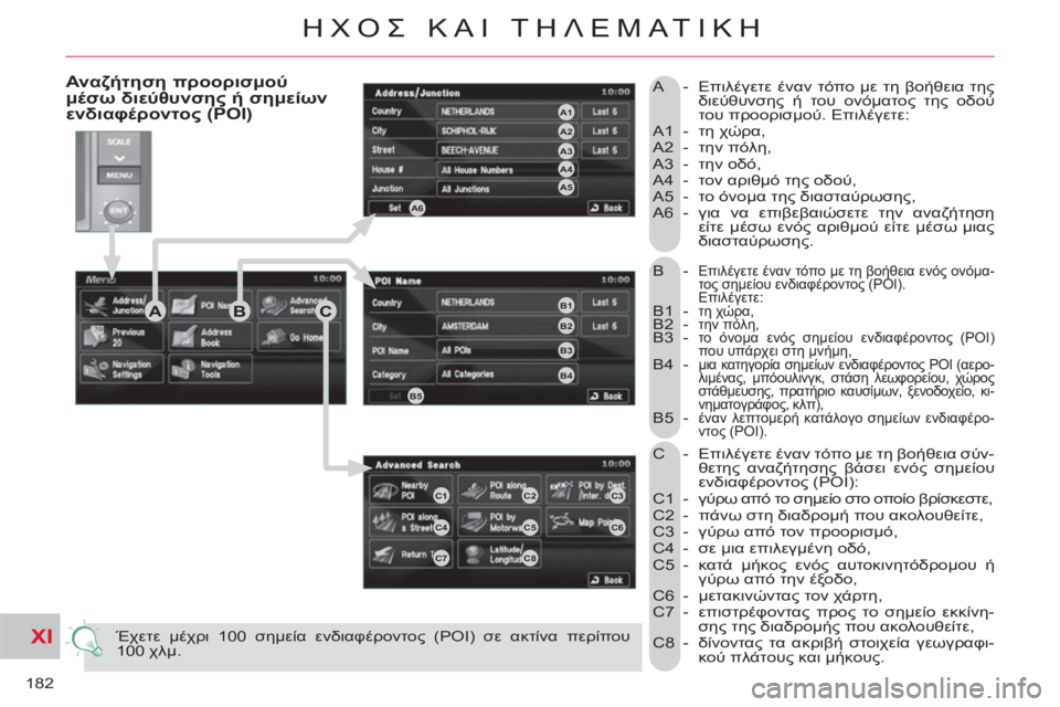 CITROEN C-CROSSER 2012  ΟΔΗΓΌΣ ΧΡΉΣΗΣ (in Greek) XI
182
ΗΧΟΣ ΚΑΙ ΤΗΛΕΜΑΤΙΚΗ
 
B - Επιλέγετε έναν τόπο με τη βοήθεια ενός ονόμα-
τος σημείου ενδιαφέροντος (POI).     Επι