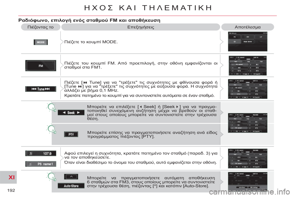 CITROEN C-CROSSER 2012  ΟΔΗΓΌΣ ΧΡΉΣΗΣ (in Greek) XI
192
ΗΧΟΣ ΚΑΙ ΤΗΛΕΜΑΤΙΚΗ
 
 
Ραδιόφωνο, επιλογή ενός σταθμού FM και αποθήκευση
 
Πιέζετε το κουμπί MODE.    Πιέζοντας
