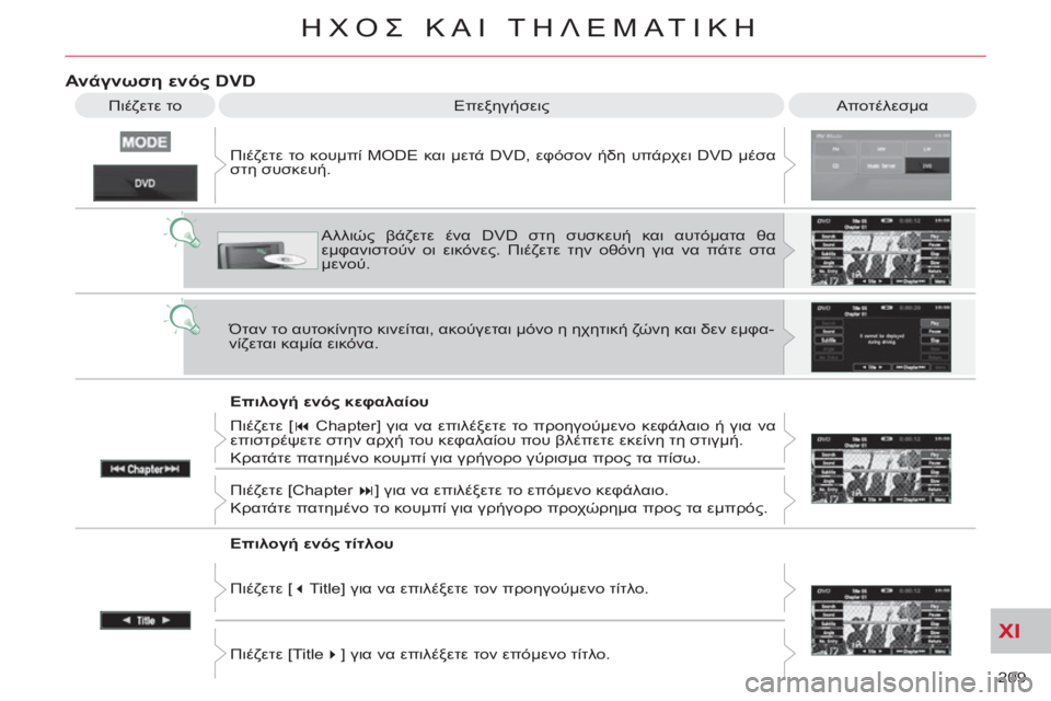 CITROEN C-CROSSER 2012  ΟΔΗΓΌΣ ΧΡΉΣΗΣ (in Greek) XI
209 
ΗΧΟΣ ΚΑΙ ΤΗΛΕΜΑΤΙΚΗ
Ανάγνωση ενός DVD 
 
Αποτέλεσμα   
Επεξηγήσεις 
   
Επιλογή ενός κεφαλαίου    Πιέζετε το κο