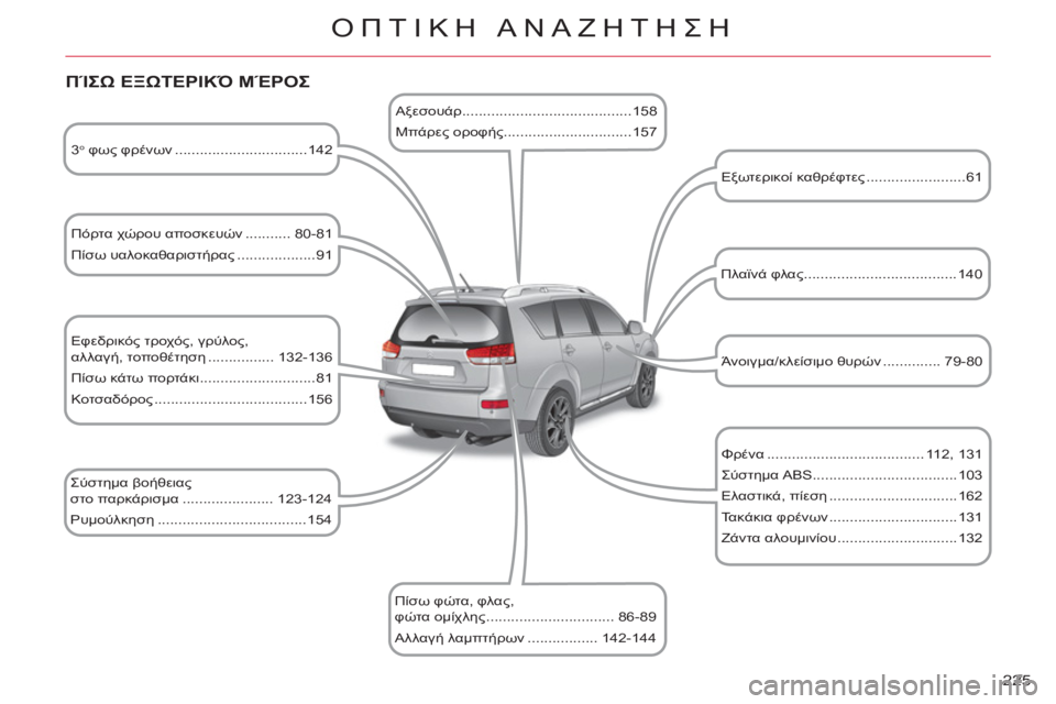 CITROEN C-CROSSER 2012  ΟΔΗΓΌΣ ΧΡΉΣΗΣ (in Greek) 225 
ΟΠΤΙΚΗ ΑΝΑΖΗΤΗΣΗ
 
 
ΠΊΣΩ ΕΞΩΤΕΡΙΚΌ ΜΈΡΟΣ 
 
 
3 ο  φως φρένων ................................142  
   
Πόρτα χώρου αποσκευών ......