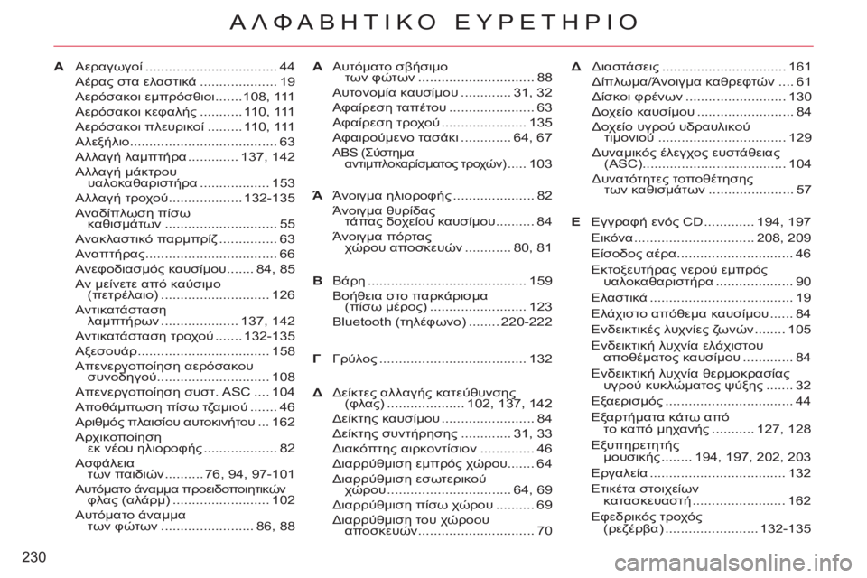 CITROEN C-CROSSER 2012  ΟΔΗΓΌΣ ΧΡΉΣΗΣ (in Greek) 230
ΑΛΦΑΒΗΤΙΚΟ ΕΥΡΕΤΗΡΙΟ
AΑεραγωγοί .................................. 44
Αέρας στα ελαστικά .................... 19
Αερόσακοι εμπρόσθιοι