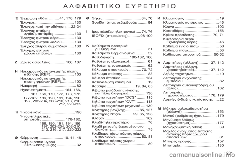 CITROEN C-CROSSER 2012  ΟΔΗΓΌΣ ΧΡΉΣΗΣ (in Greek) 231
ΑΛΦΑΒΗΤΙΚΟ ΕΥΡΕΤΗΡΙΟ
ΘΚλιματισμός ................................ 19
Κλιματισμός αυτόματος  ............. 46
Κόρνα ........................