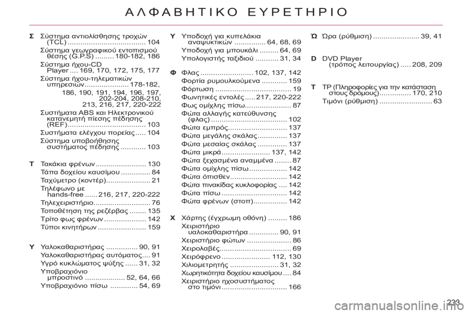 CITROEN C-CROSSER 2012  ΟΔΗΓΌΣ ΧΡΉΣΗΣ (in Greek) 233
ΑΛΦΑΒΗΤΙΚΟ ΕΥΡΕΤΗΡΙΟ
Υ Σύστημα αντιολίσθησης τροχών 
(TCL) ..................................... 104
Σύστημα γεωγραφικού εντοπ
