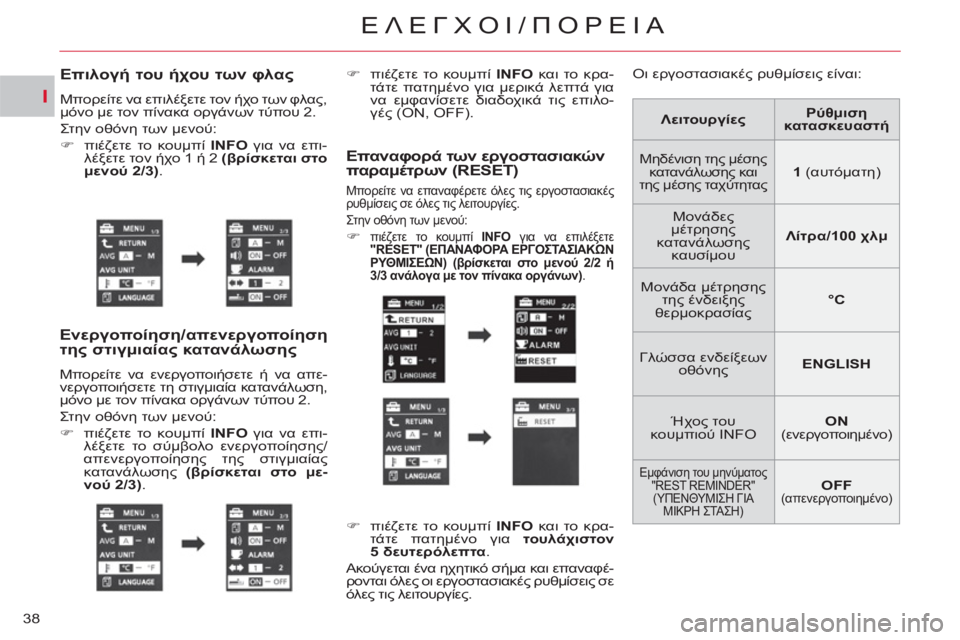 CITROEN C-CROSSER 2012  ΟΔΗΓΌΣ ΧΡΉΣΗΣ (in Greek) I
ΕΛΕΓΧΟΙ/üÿù
38
Επιλογή του ήχου των φλας
 
Μπορείτε να επιλέξετε τον ήχο των φλας, 
μόνο με τον πίνακα οργά