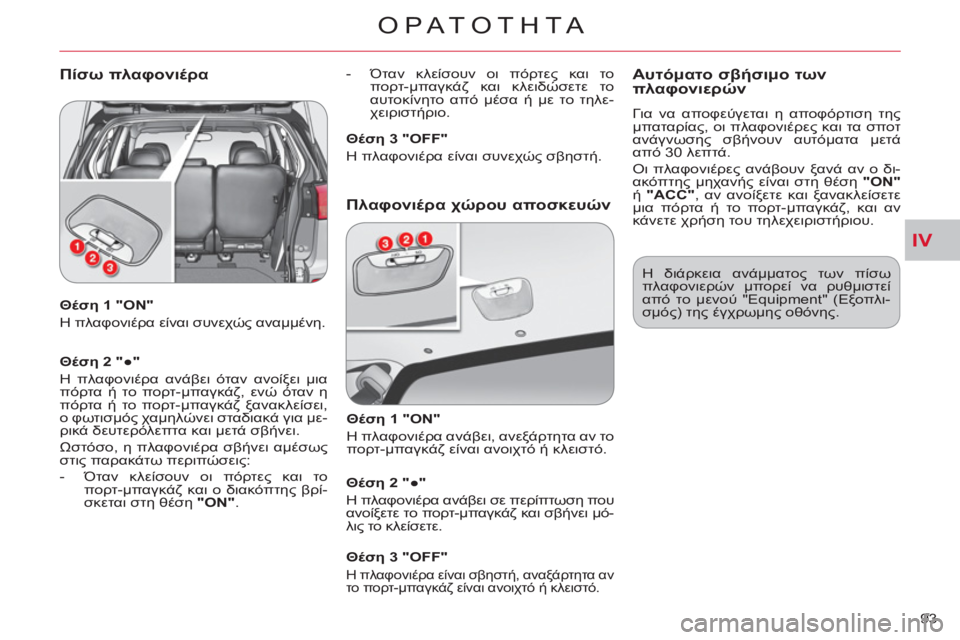 CITROEN C-CROSSER 2012 ΟΔΗΓΌΣ ΧΡΉΣΗΣ (in Greek) IV
ΟΡΑΤΟΤΗΤΑ
93
Θέση 1 "ON"
Η πλαφονιέρα είναι συνεχώς αναμμένη.
Θέση 2 "●"
Η πλαφονιέρα ανάβει όταν ανοίξ CITROEN C-CROSSER 2012 ΟΔΗΓΌΣ ΧΡΉΣΗΣ (in Greek) IV
ΟΡΑΤΟΤΗΤΑ
93
Θέση 1 "ON"
Η πλαφονιέρα είναι συνεχώς αναμμένη.
Θέση 2 "●"
Η πλαφονιέρα ανάβει όταν ανοίξ