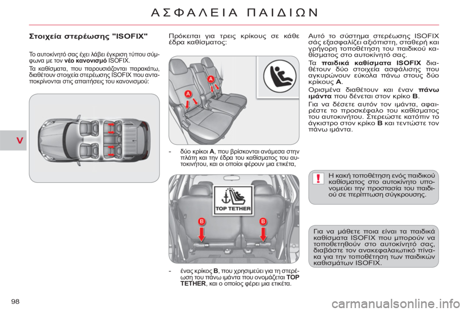 CITROEN C-CROSSER 2012 ΟΔΗΓΌΣ ΧΡΉΣΗΣ (in Greek) V
!
ΑΣΦΑΛΕΙΑ ΠΑΙΔΙΩΝ
98
Η κακή τοποθέτηση ενός παιδικού
καθίσματος στο αυτοκίνητο υπο-
νομεύει την προστασία CITROEN C-CROSSER 2012 ΟΔΗΓΌΣ ΧΡΉΣΗΣ (in Greek) V
!
ΑΣΦΑΛΕΙΑ ΠΑΙΔΙΩΝ
98
Η κακή τοποθέτηση ενός παιδικού
καθίσματος στο αυτοκίνητο υπο-
νομεύει την προστασία