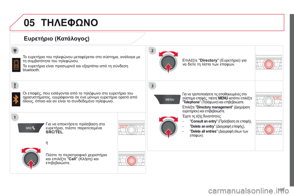 CITROEN C-ELYSÉE 2016  ΟΔΗΓΌΣ ΧΡΉΣΗΣ (in Greek)  
   
 
 
05
199
ΤΗΛΕΦώΝΟ
Ευρετήριο (Κατάλογος)
Το ευρετήριο του τηλεφώνου μεταφέρεται στο σύστημα, ανάλογα με 
τη συ