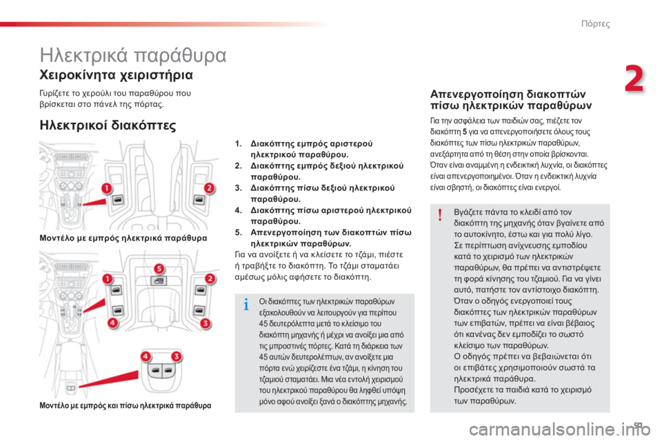 CITROEN C-ELYSÉE 2014  ΟΔΗΓΌΣ ΧΡΉΣΗΣ (in Greek) 51
2
Πόρτες
   
 
 
 
 
 
 
 
Ηλεκτρικά παράθυρα 
 
 
Ηλεκτρικοί διακόπτες
 
 
Χειροκίνητα χειριστήρια
Οι διακόπτες των η