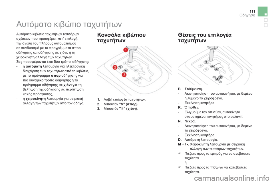 CITROEN DS3 2017 ΟΔΗΓΌΣ ΧΡΉΣΗΣ (in Greek) 111
DS3_el_Chap04_conduite_ed02-2015
Αυτόματο κιβώτιο ταχυτήτων τεσσάρων
σχέσεων που προσφέρει, κατ΄ επιλογή,
την άνεση του CITROEN DS3 2017 ΟΔΗΓΌΣ ΧΡΉΣΗΣ (in Greek) 111
DS3_el_Chap04_conduite_ed02-2015
Αυτόματο κιβώτιο ταχυτήτων τεσσάρων
σχέσεων που προσφέρει, κατ΄ επιλογή,
την άνεση του