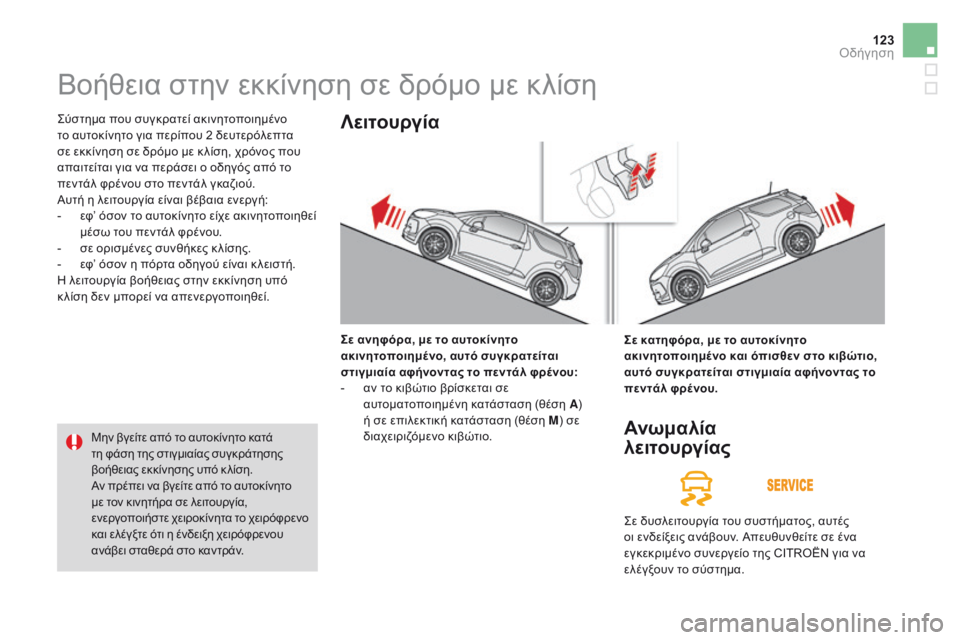 CITROEN DS3 2017  ΟΔΗΓΌΣ ΧΡΉΣΗΣ (in Greek) 123
DS3_el_Chap04_conduite_ed02-2015
Βοήθεια στην εκκίνηση σε δρόμο με κλίση
Σύστημα που συγκρατεί ακινητοποιημένο 
το αυτοκί