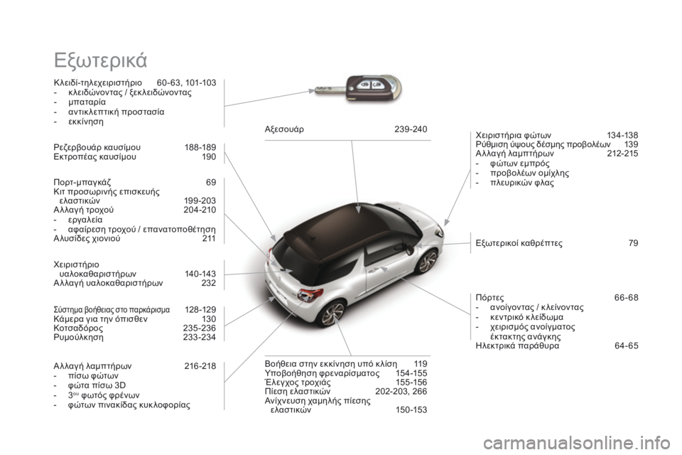 CITROEN DS3 2017  ΟΔΗΓΌΣ ΧΡΉΣΗΣ (in Greek) DS3_el_Chap12_index-recherche_ed02-2015
Εξωτερικά
Κλειδί-τηλεχειριστήριο 60-63, 101-103
- κ λ ειδώνοντας / ξεκ λειδώνοντας
-
 μπα

ταρία