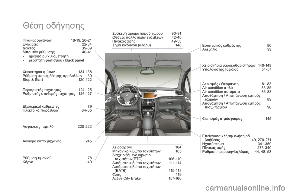 CITROEN DS3 2017  ΟΔΗΓΌΣ ΧΡΉΣΗΣ (in Greek) DS3_el_Chap12_index-recherche_ed02-2015
Θέση οδήγησης
Πίνακες οργάνων 18-19, 20 -21
Ενδείξεις 22 -34
Δείκτες
 35-

39
Μπουτόν ρύθμισης
 40

-41