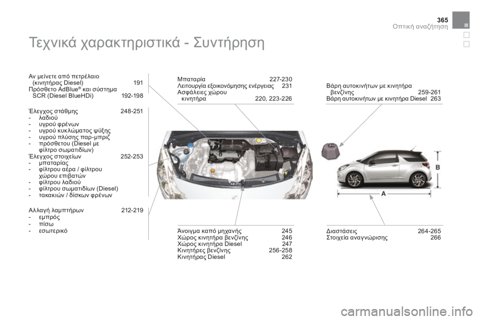 CITROEN DS3 2017  ΟΔΗΓΌΣ ΧΡΉΣΗΣ (in Greek) 365
DS3_el_Chap12_index-recherche_ed02-2015
Τεχνικά χαρακτηριστικά - Συντήρηση
Αν μείνετε από πετρέλαιο  (κινητήρας Diesel) 19 1
Πρόσθ