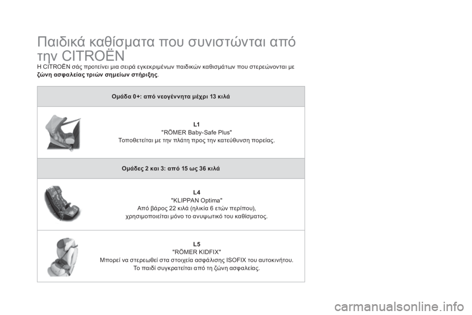 CITROEN DS3 2016  ΟΔΗΓΌΣ ΧΡΉΣΗΣ (in Greek) DS3_el_Chap07_securite-enfants_ed01-2015
Παιδικά καθίσματα που συνιστώνται από 
την CITROËN
Η CITROËN σάς προτείνει μια σειρά εγκεκρι
