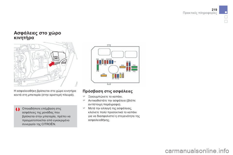 CITROEN DS3 2016  ΟΔΗΓΌΣ ΧΡΉΣΗΣ (in Greek) 219
DS3_el_Chap08_info-pratiques_ed01-2015
Ασφάλειες στο χώρο 
κινητήρα
Η ασφαλειοθήκη βρίσκεται στο χώρο κινητήρα 
κοντά στη μπ