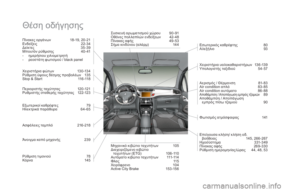 CITROEN DS3 2016 ΟΔΗΓΌΣ ΧΡΉΣΗΣ (in Greek) DS3_el_Chap12_index-recherche_ed01-2015
Θέση οδήγησης
Πίνακες οργάνων 18 -19, 20 -21
Ενδείξεις 2 2-34
Δείκτες
35
-39
Μπουτόν ρύθμισης
4
0-4 CITROEN DS3 2016 ΟΔΗΓΌΣ ΧΡΉΣΗΣ (in Greek) DS3_el_Chap12_index-recherche_ed01-2015
Θέση οδήγησης
Πίνακες οργάνων 18 -19, 20 -21
Ενδείξεις 2 2-34
Δείκτες
35
-39
Μπουτόν ρύθμισης
4
0-4