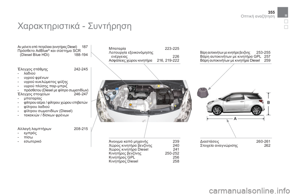 CITROEN DS3 2016  ΟΔΗΓΌΣ ΧΡΉΣΗΣ (in Greek) 355
DS3_el_Chap12_index-recherche_ed01-2015
Χαρακτηριστικά - Συντήρηση
Αν μείνετε από πετρέλαιο (κινητήρας Diesel) 187
Πρόσθετο AdBlue® κ