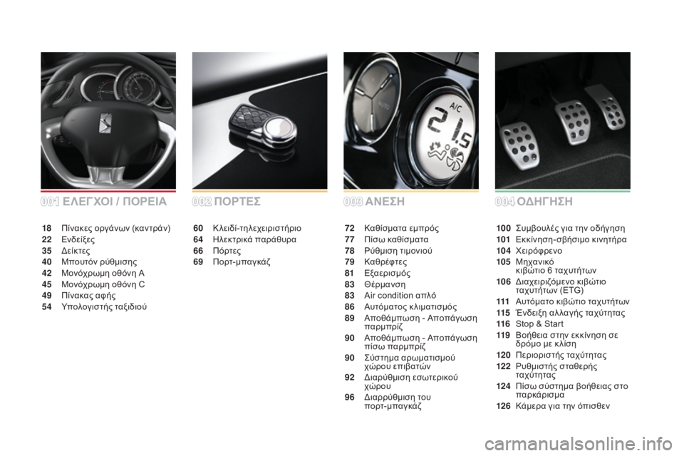 CITROEN DS3 2016  ΟΔΗΓΌΣ ΧΡΉΣΗΣ (in Greek) DS3_el_Chap00a_sommaire_ed01-2015
ΑΝΕΣΗ
ΠΟΡΤΕΣ
60 Κλειδί-τηλεχειριστήριο
64 Η
λεκτρικά παράθυρα
66
 Π

όρτες
69
 Πορ

τ-μπαγκάζ 72 Κ
