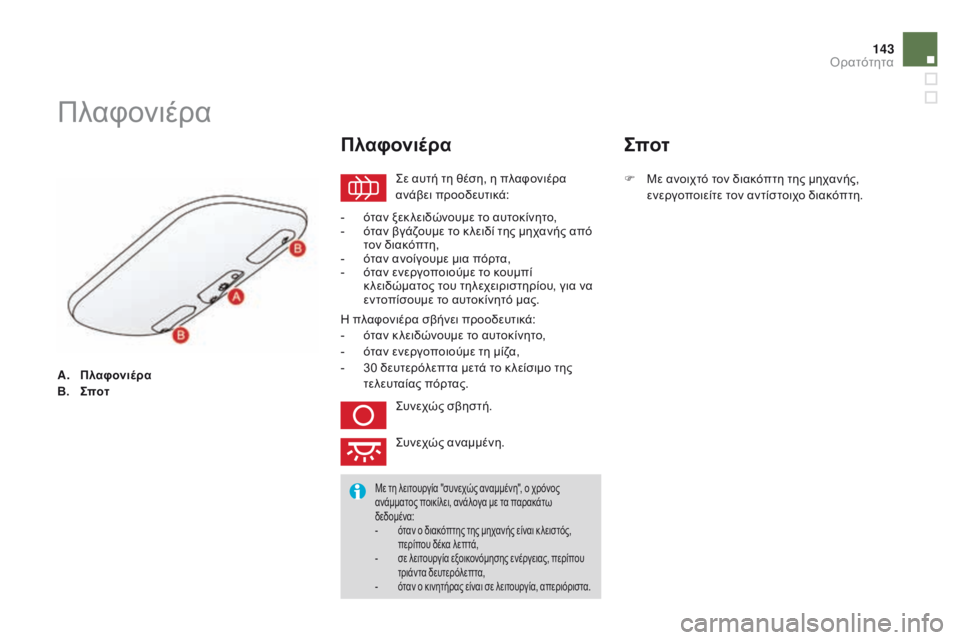 CITROEN DS3 2015  ΟΔΗΓΌΣ ΧΡΉΣΗΣ (in Greek) 143
DS3_el_Chap07_visibilite_ed01-2014
A. Πλαφονιέρα
B. Σποτ
Πλαφονιέρα
Σε αυτή τη θέση, η πλαφονιέρα 
ανάβει προοδευτικά:
Πλαφον